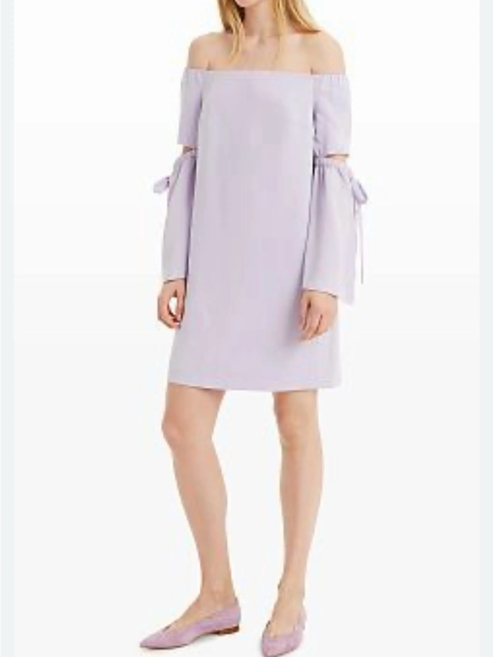 Club Monaco Off-Shoulder Tie-Sleeve Shift Dress in Light Lavender